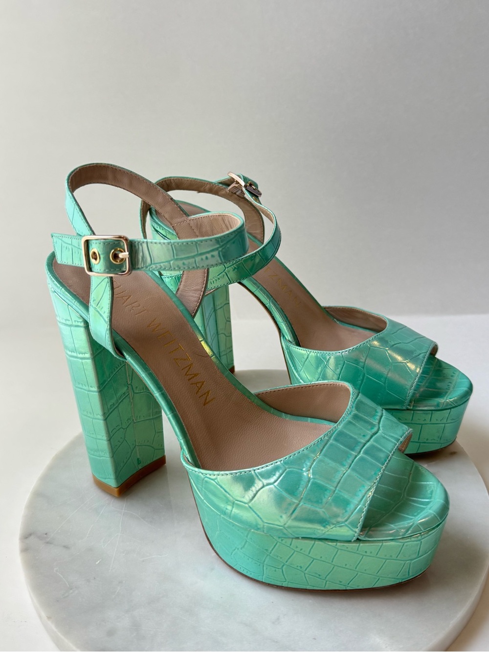 Stuart Weitzman Aqua Croc-Embossed Platform Sandals - Picture 16 of 16